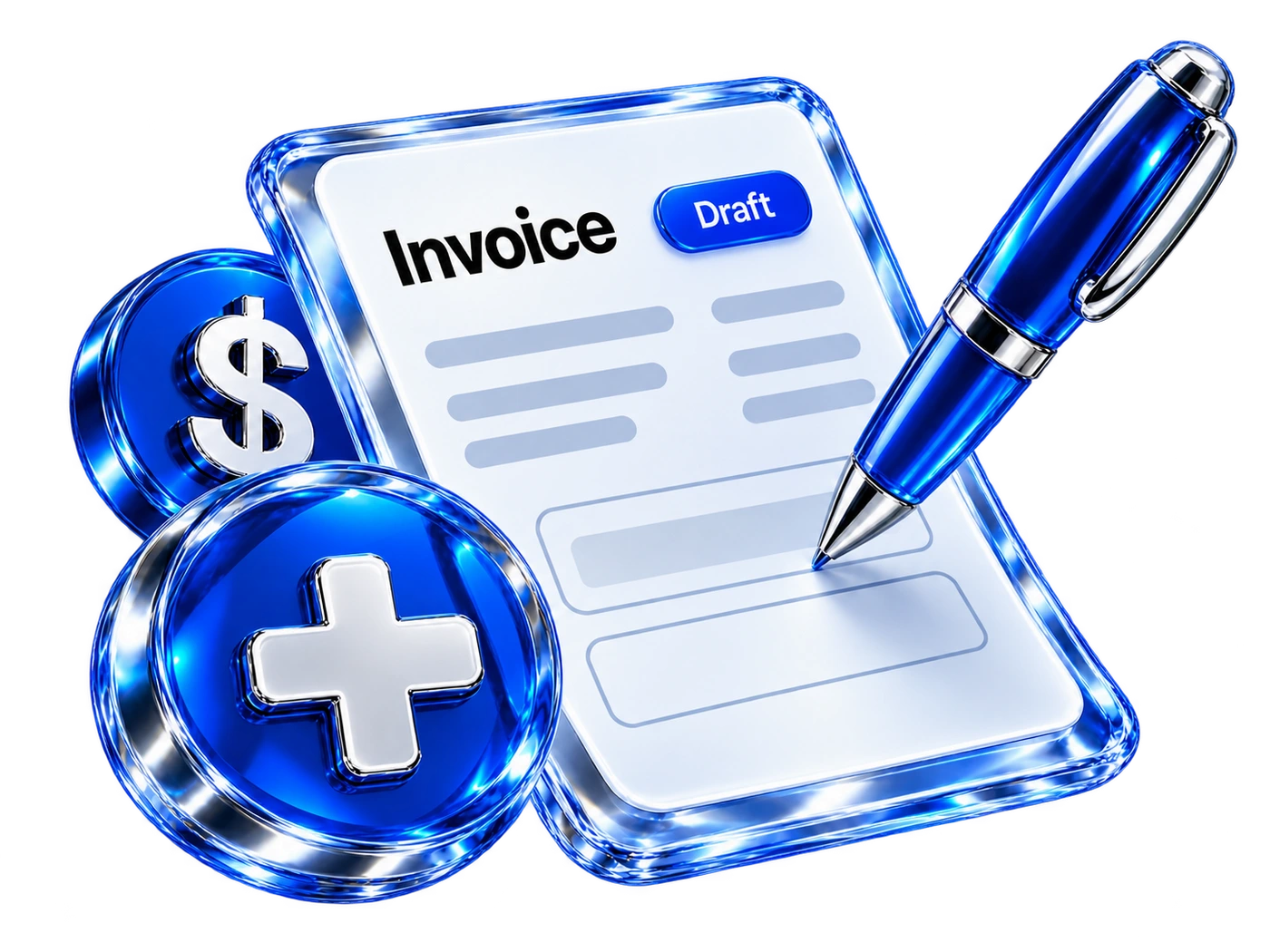 Create an invoice: glass draft invoice, blue pen, plus medallion and dollar coin