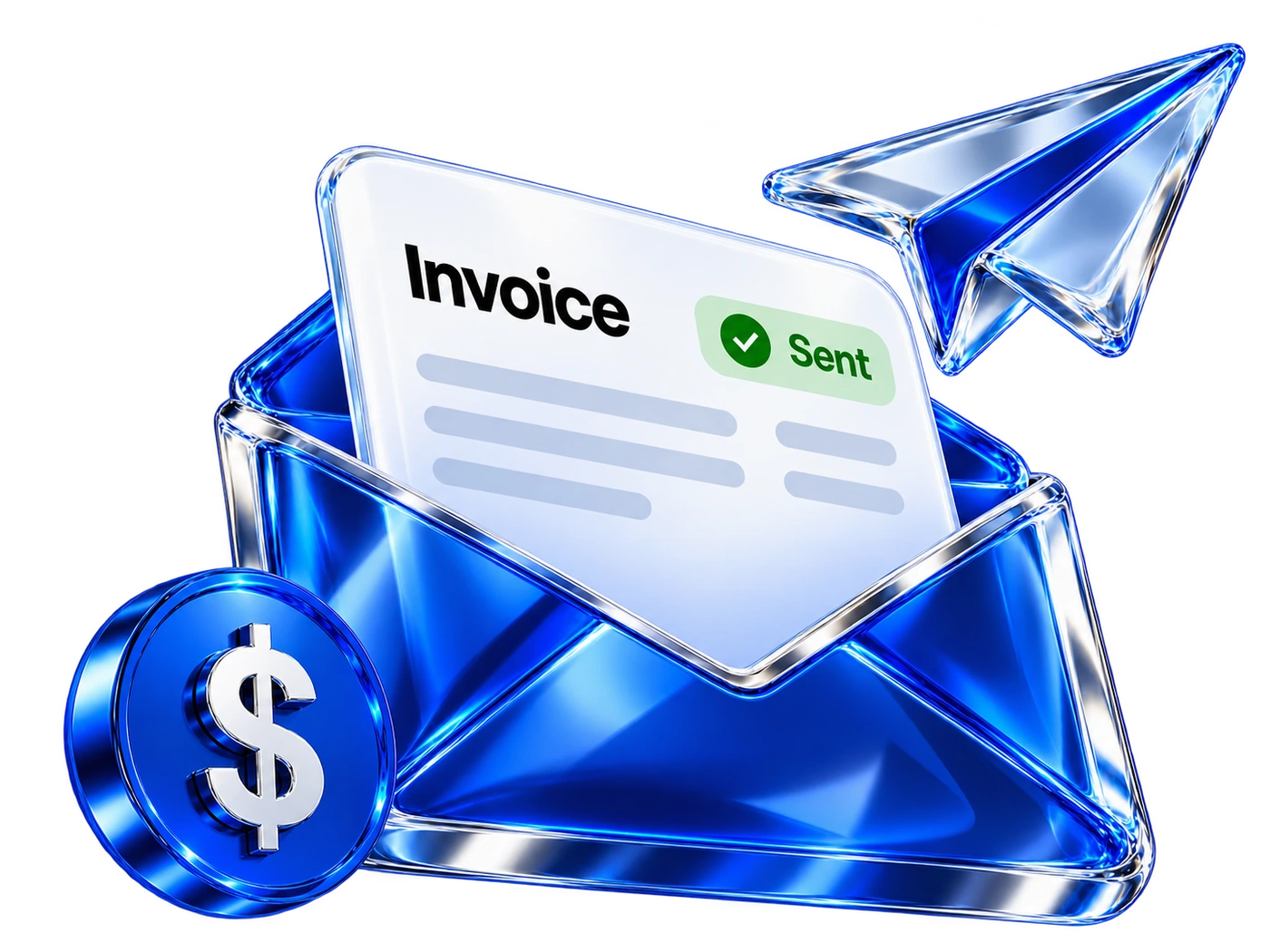 Send an invoice: blue glass envelope, sent invoice, paper airplane and dollar coin