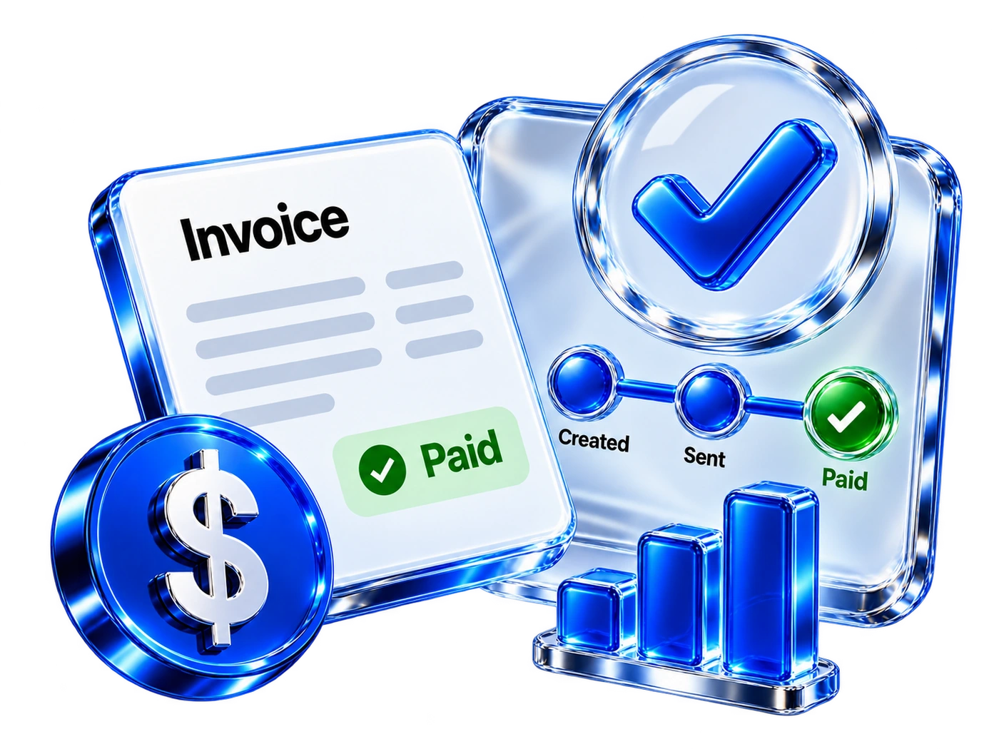 Track an invoice: paid invoice, glass status timeline, blue checkmark, chart and dollar coin