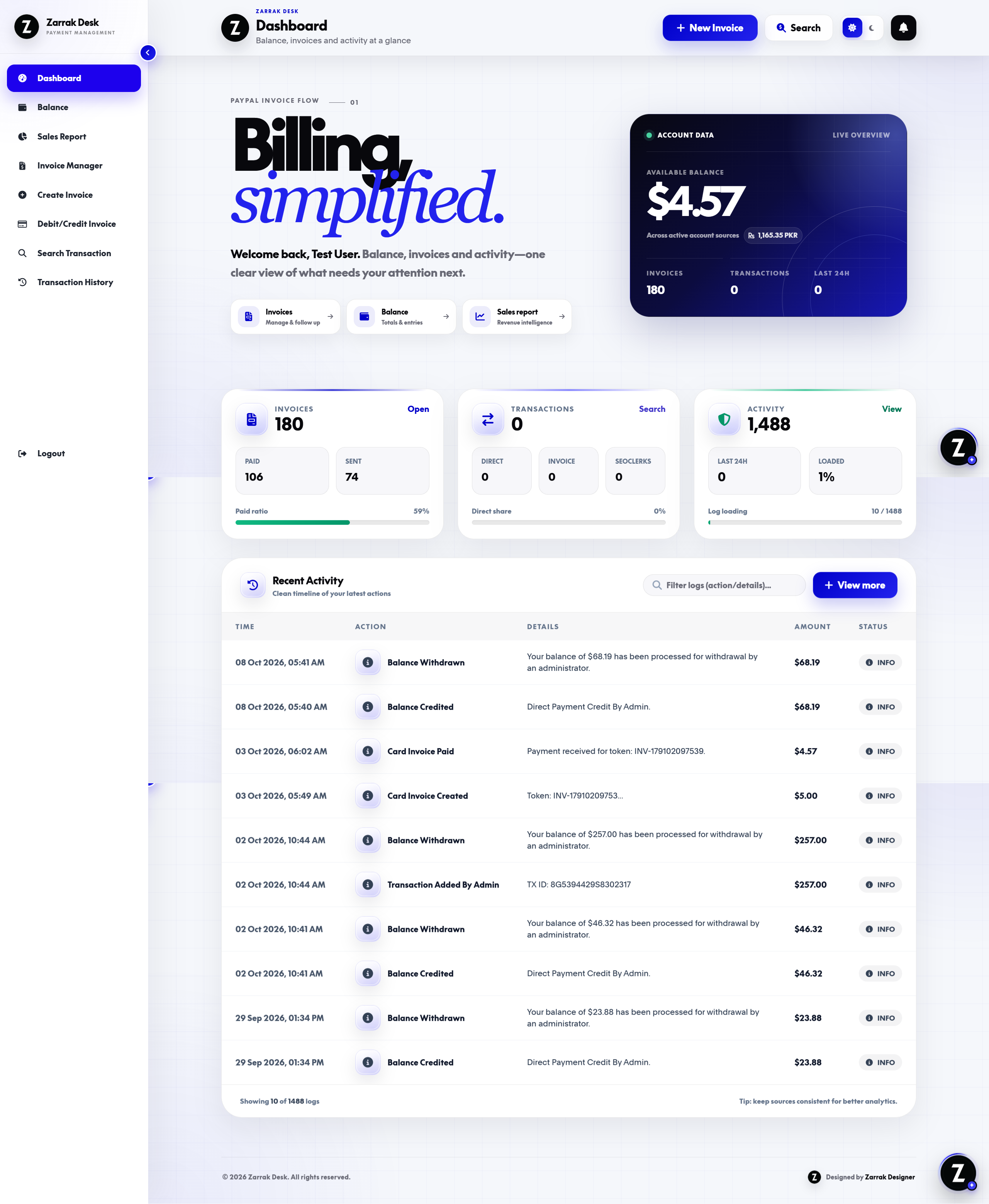 Actual Zarrak Desk dashboard showing Billing, simplified, account balance, invoices and recent activity